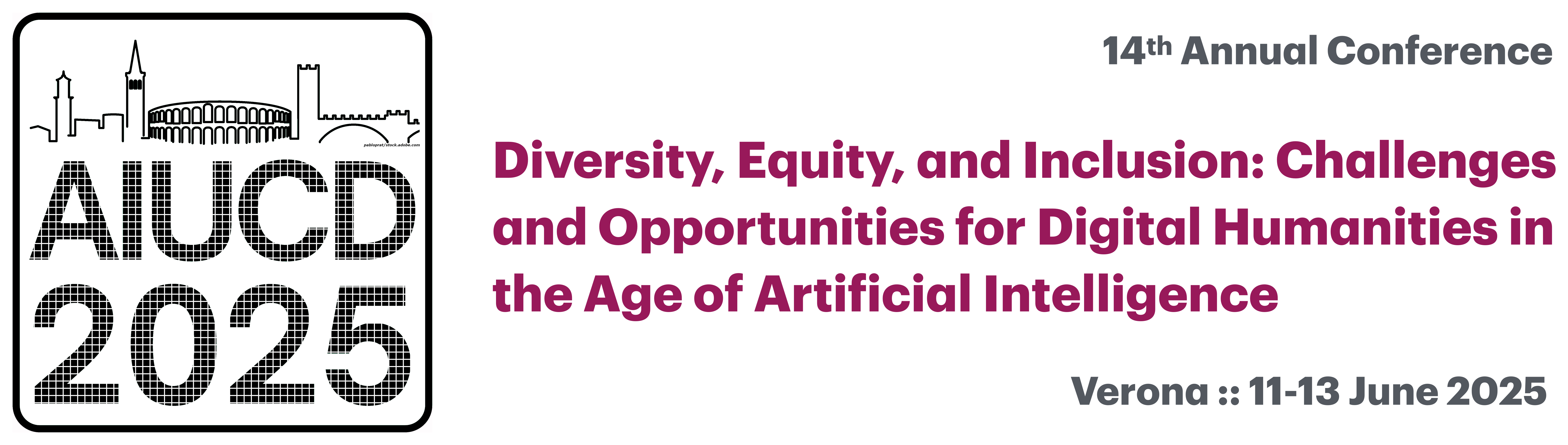 Banner of the 14th annual conference of the Association for Digital Humanities and Digital Culture (AIUCD). It contains the logo and the title 'Diversity, Equity, and Inclusion: Challenges and Opportunities for Digital Humanities in the Age of Artificial Intelligence.'