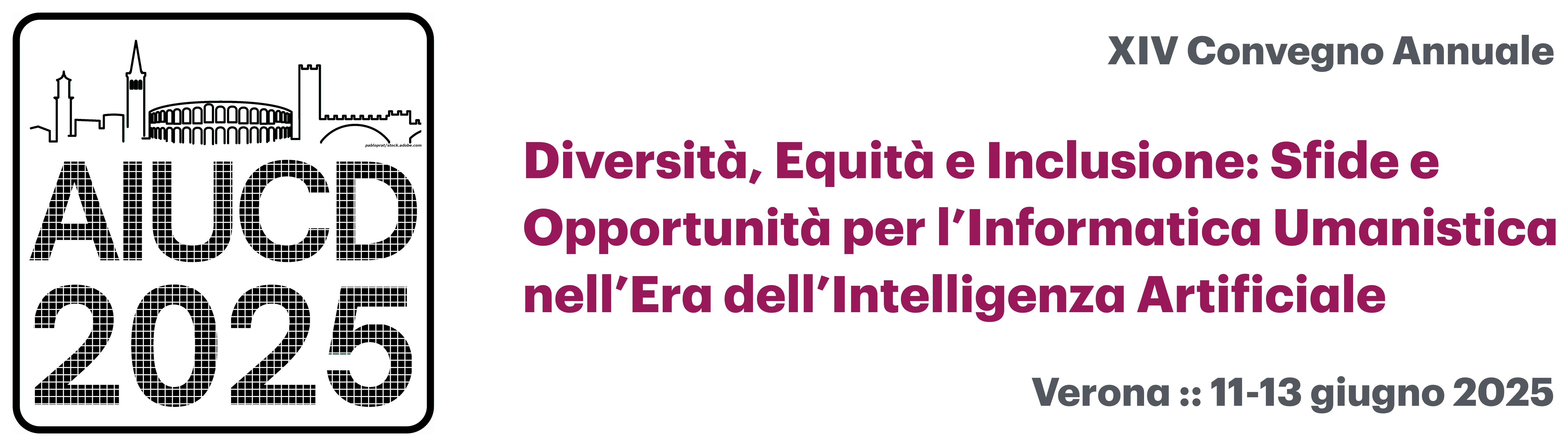 Banner del XIV convegno annuale dell'Associazione per l'Informatica Umanistica e la Cultura Digitale (AIUCD). Contiene il logo e il titolo 'Diversità, Equità e Inclusione: Sfide e Opportunità per l'Informatica Umanistica nell'Era dell'Intelligenza Artificiale'